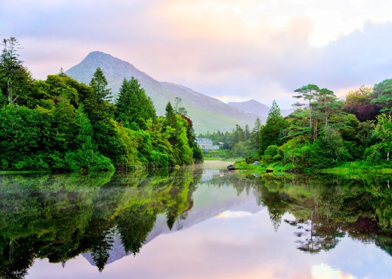 Scenic view of a fishing lake in Connemara with the 12 Bens mountains in the background